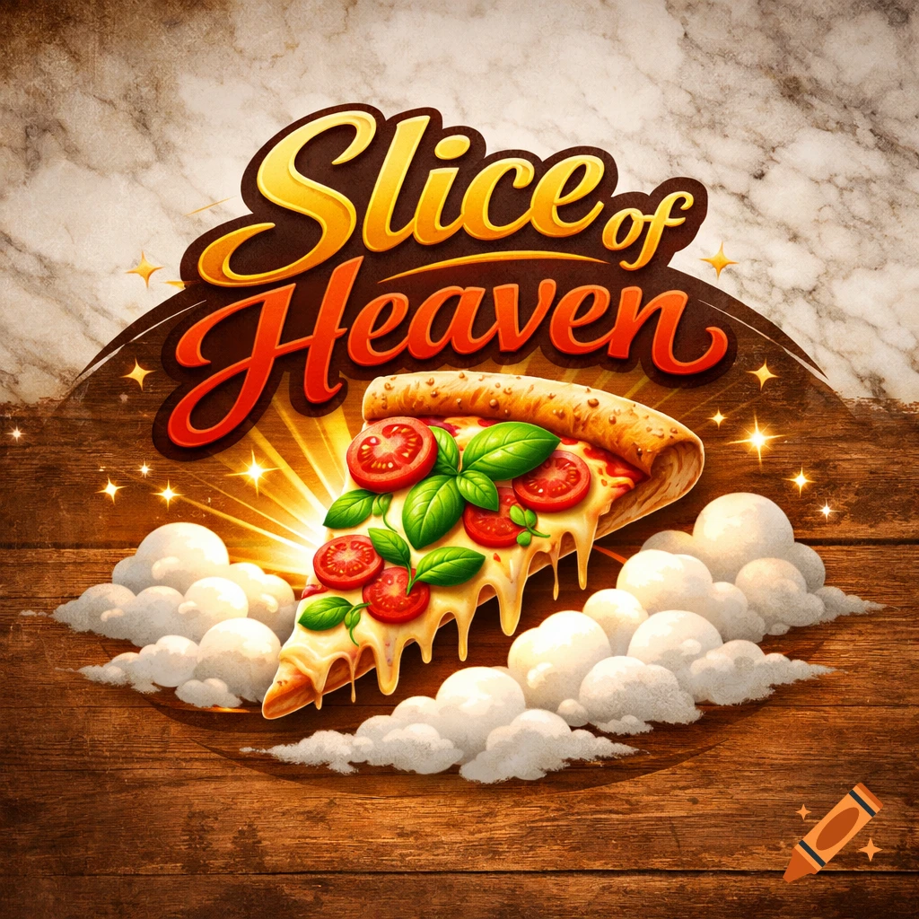 Vibrant 'Slice of Heaven' pizza logo with a cheesy slice of pizza, tomatoes, basil, and glowing light on a wooden background with clouds.