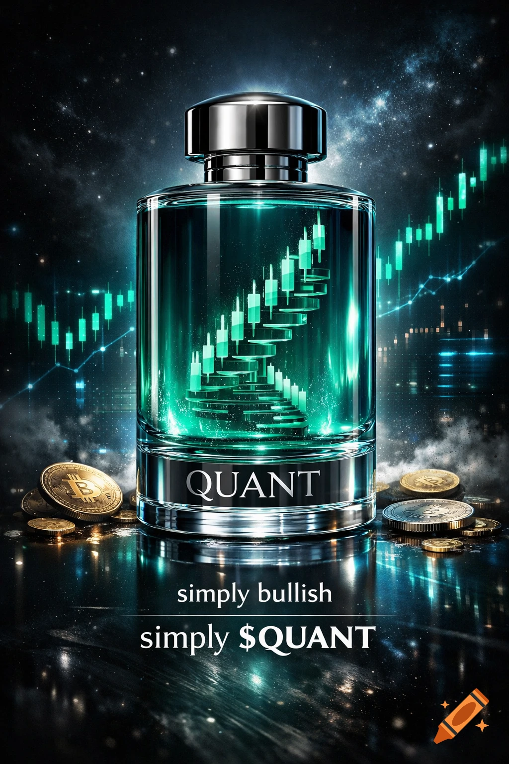 A sleek glass perfume bottle with a chrome cap, filled with glowing turquoise liquid forming a candlestick chart staircase. It sits on a reflective surface surrounded by gold and silver crypto coins. Below, the text reads "simply bullish simply $QUANT". The background is a dark, starry sky with green chart lines.