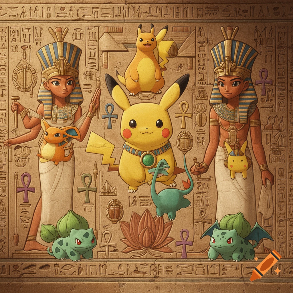Ancient Egyptian-style mural featuring two pharaoh-like figures surrounded by Pikachu, Bulbasaur, and other Pokémon characters, with hieroglyphics.