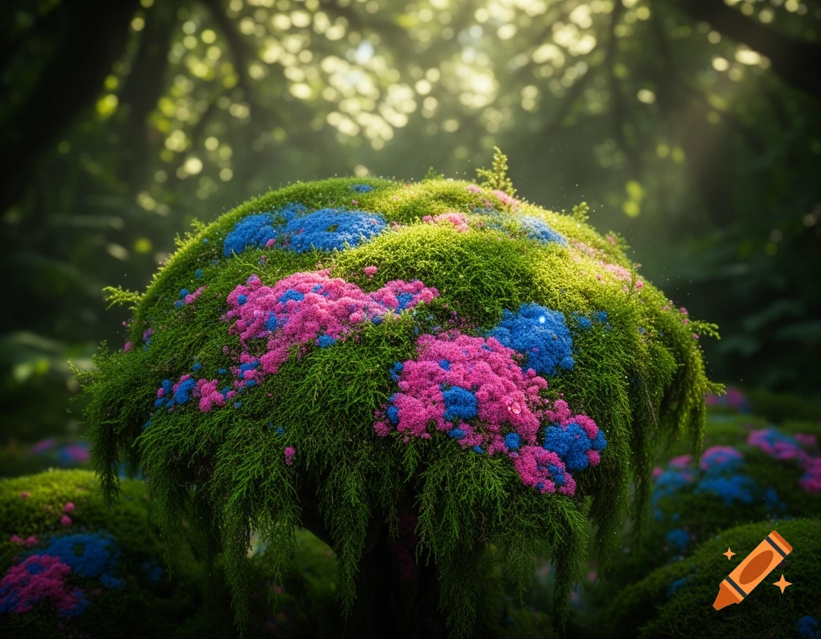 Photorealistic image of a large, moss-covered mound adorned with vibrant pink and blue alien lichen in a sunlit forest.