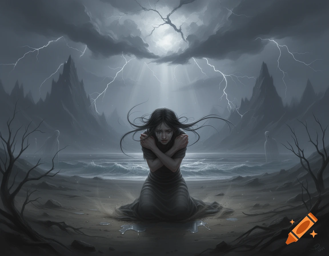 A crying woman kneels on a desolate shore under a stormy sky with lightning, hugging herself. Two ghostly figures stand in the distant water.