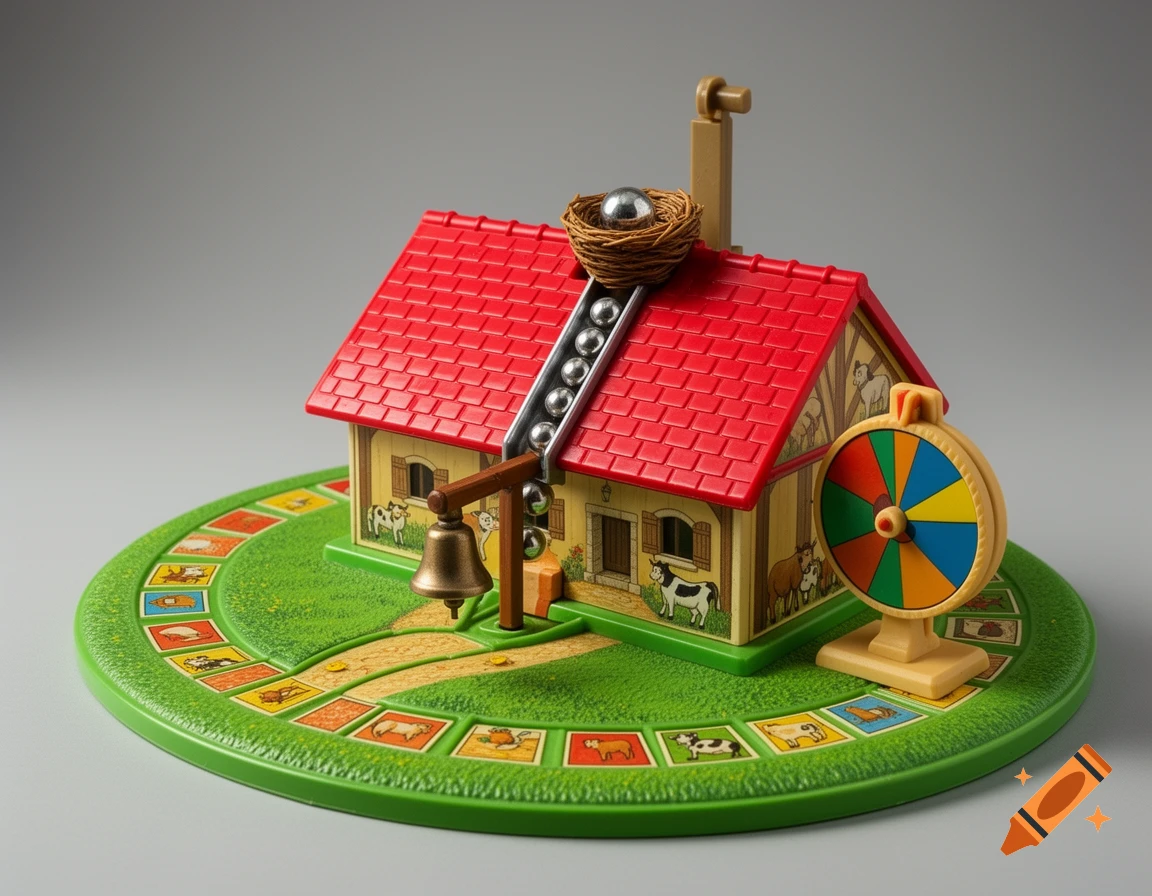 A vintage 1980s-90s French farm-themed mechanical board game featuring a red-roofed house, marble run, bell, and spinner.