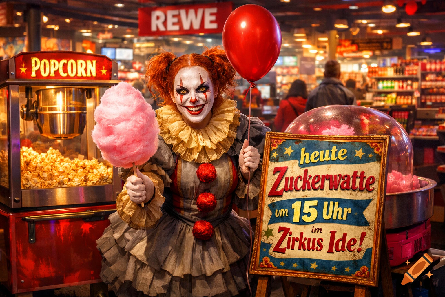 A creepy clown dressed like Pennywise holds pink cotton candy and a red balloon in a supermarket.