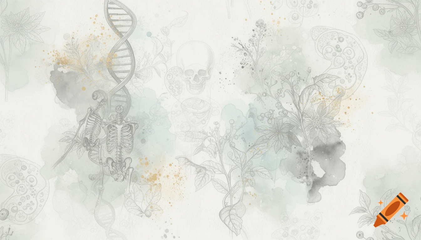 Faint grey and gold line art of DNA, skeletons, skulls, plants, and cellular structures with soft watercolor splashes.