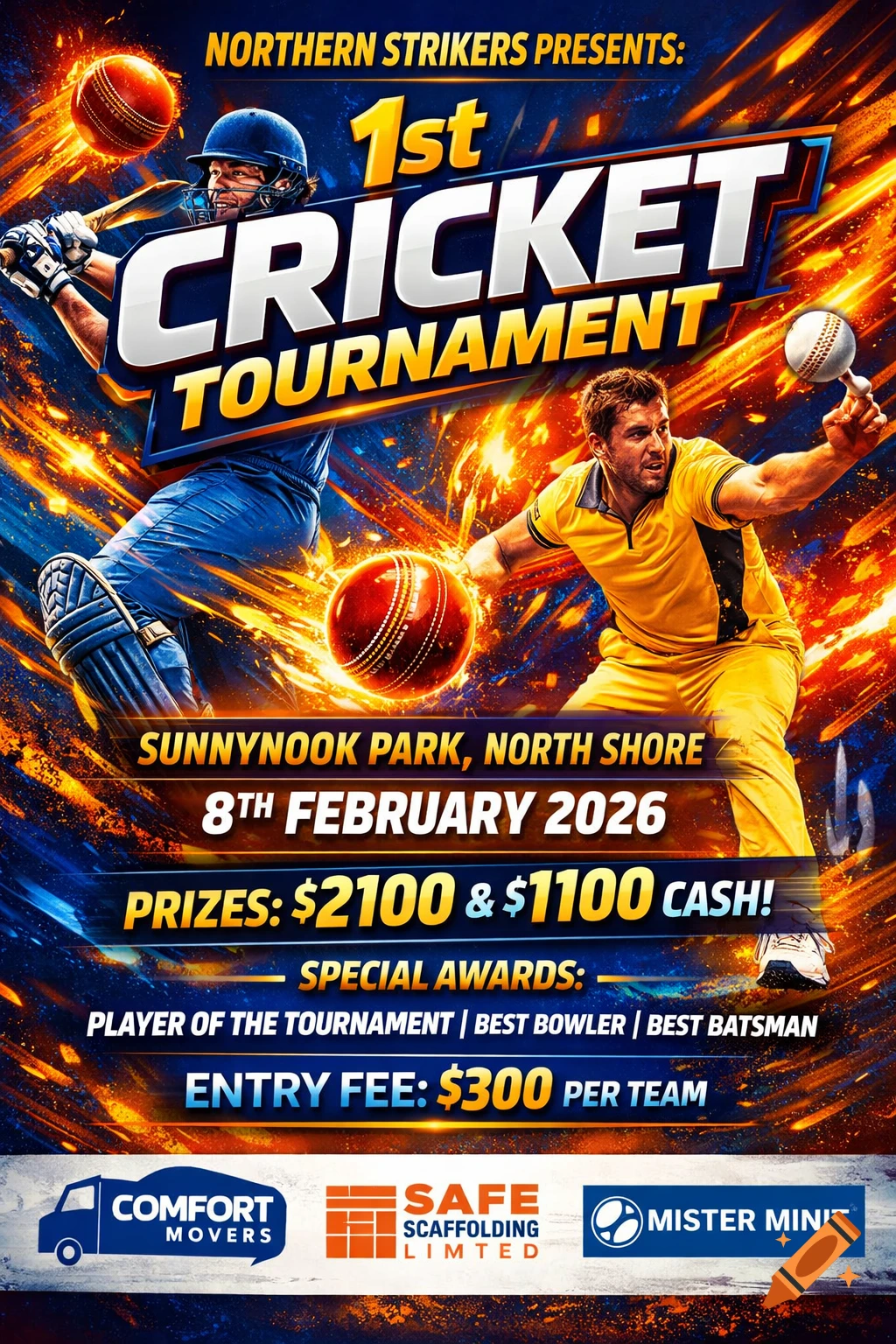 Dynamic cricket tournament poster featuring two male players in action with fiery effects, bold text, prizes, and sponsor logos.