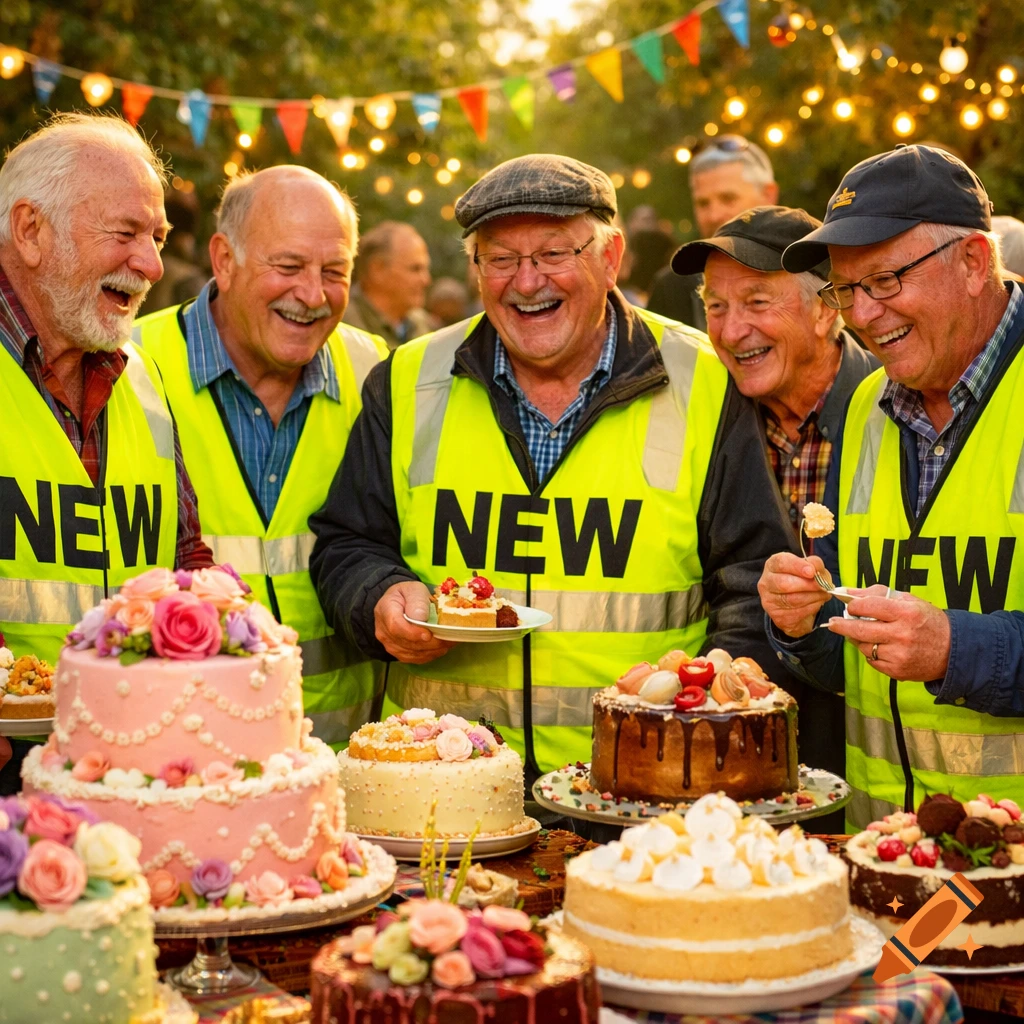 A group of elderly men in yellow vests laugh while eating cake at an outdoor party with string lights and bunting.