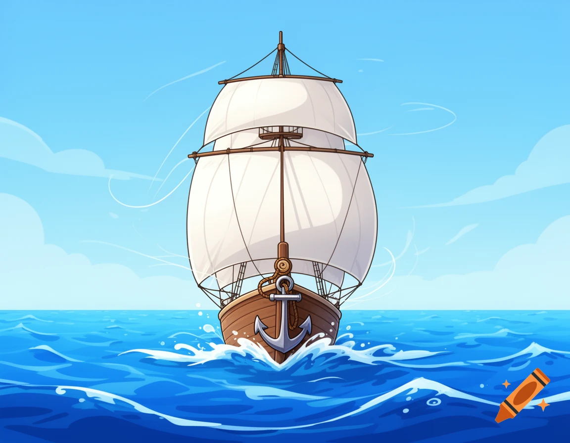 Front view of a cartoon sailboat with full white sails and an anchor, cruising on a bright blue ocean under a clear sky.