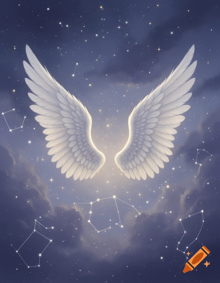 A pair of glowing white wings spread against a dark blue starry night sky with soft clouds and faint constellations.