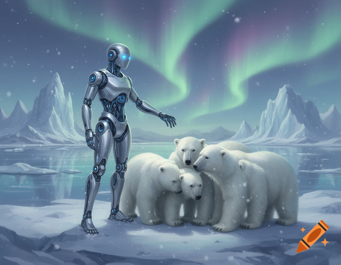 A metallic robot stands with a group of polar bears in an arctic landscape under a green and purple aurora borealis.