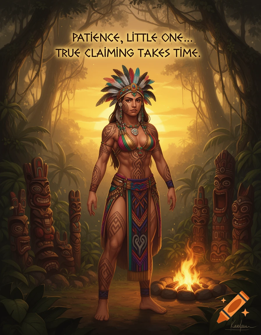 A tribal guardian woman with a feathered headdress, tattoos, and a colorful outfit stands in a jungle with totem poles and a campfire at sunset.
