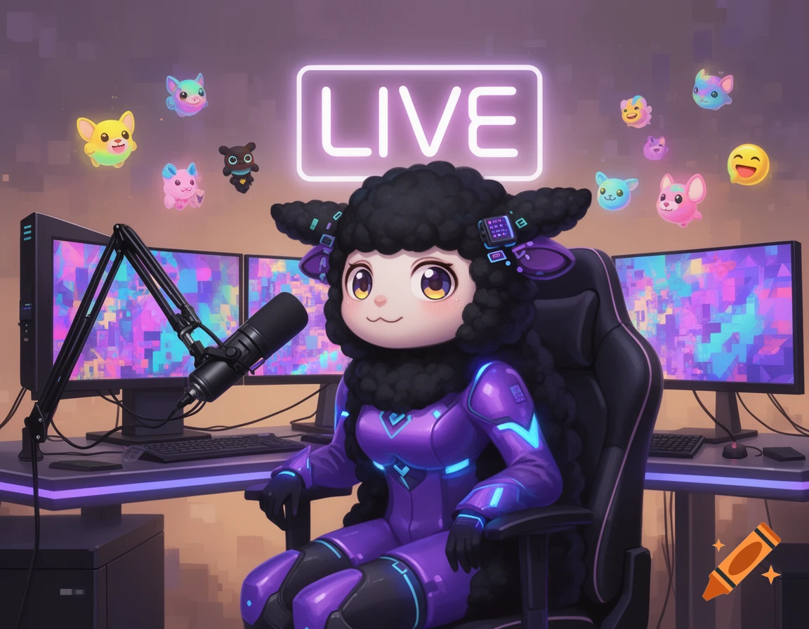 A cartoon black sheep VTuber in a purple suit sits at a desk with monitors and a microphone, under a neon 'LIVE' sign.