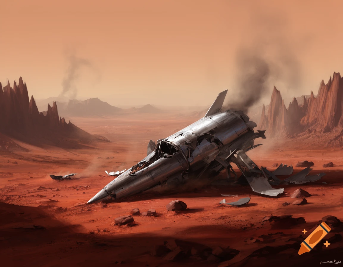 Crashed silver spaceship smoking on a red, dusty Mars-like planet with ...