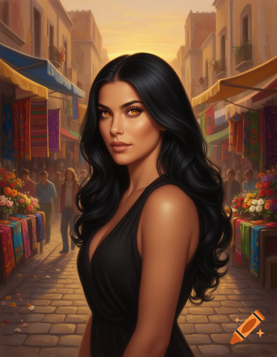 A beautiful woman with long black hair and striking amber eyes, wearing a black dress, stands in a bustling, colorful marketplace at sunset.