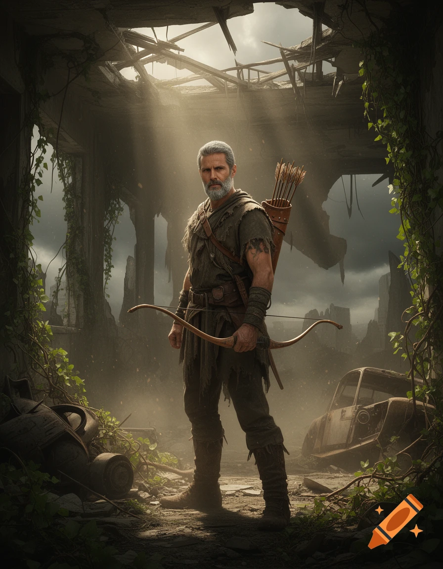 Photorealistic image of a grizzled archer with a bow and quiver in a ruined, overgrown post-apocalyptic building.