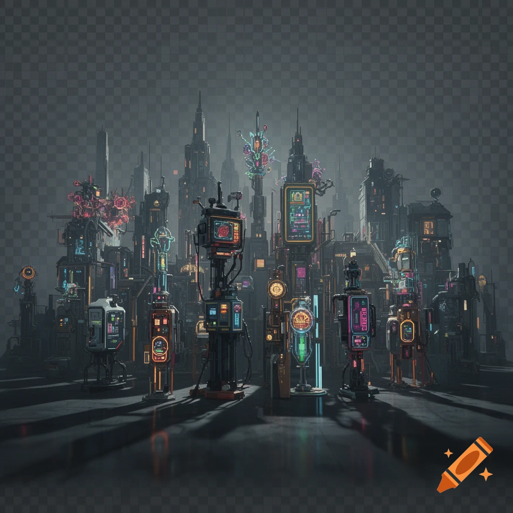 A futuristic city or art installation with glowing neon-lit structures resembling high-tech apparatuses, set against a transparent background.