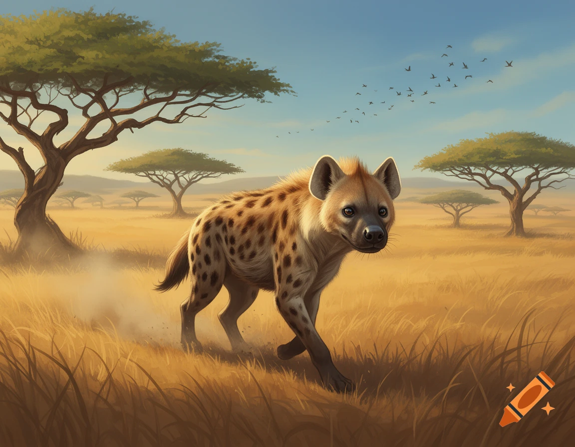 A spotted hyena walks through a golden savanna landscape with acacia trees under a blue sky.