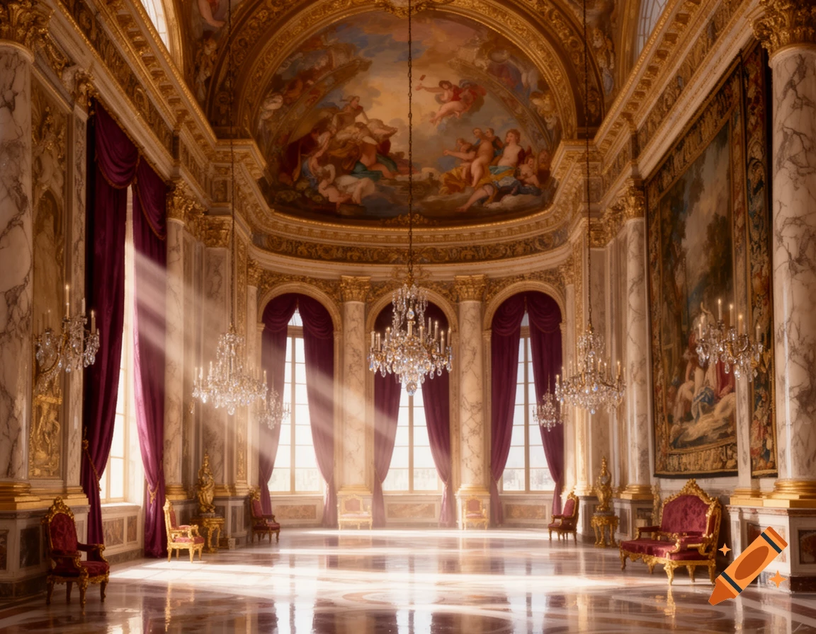 Ornate grand palace hall with high ceilings, gilded decor, chandeliers, red velvet drapes, and sunbeams illuminating a polished marble floor.