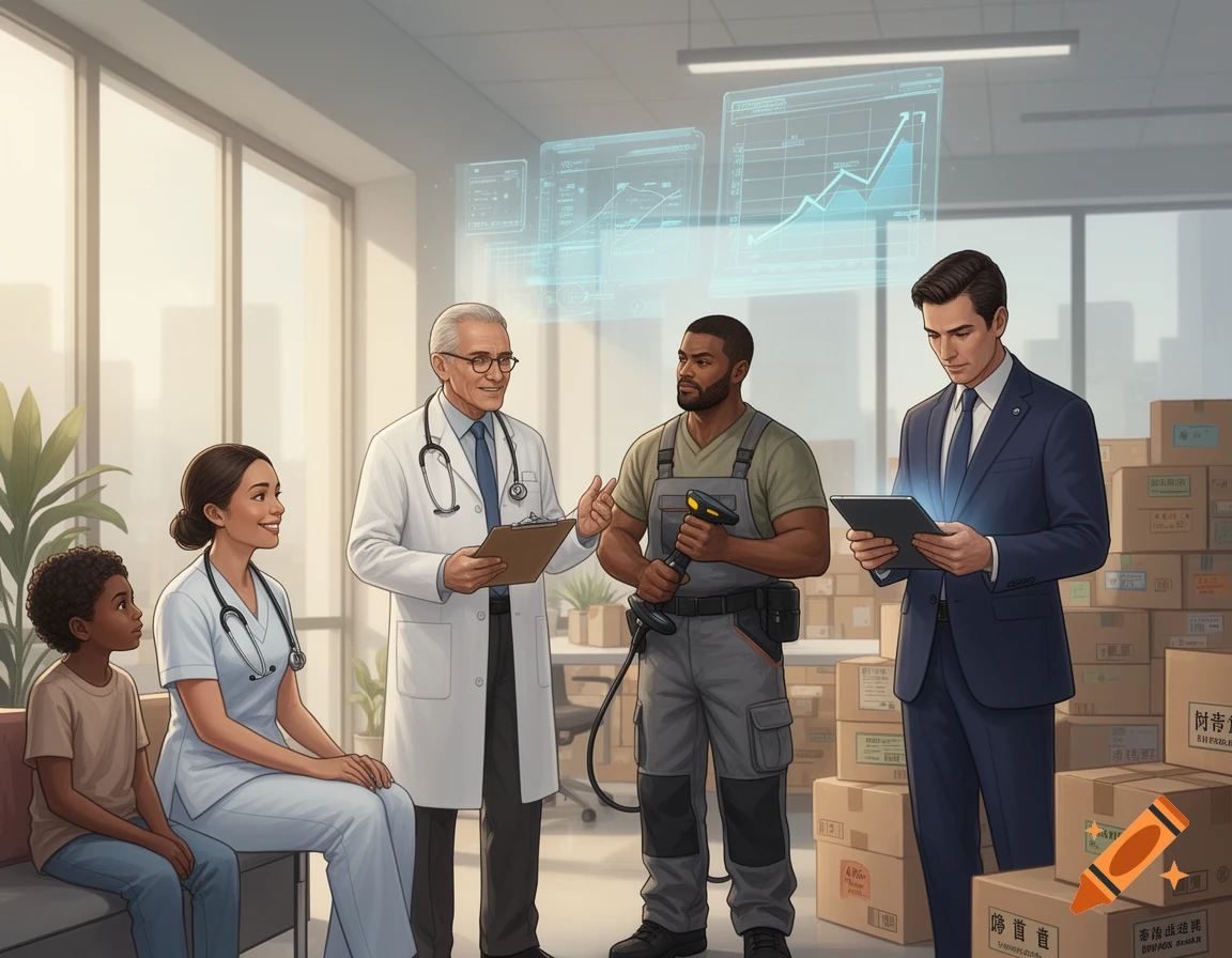 An illustration shows a doctor, nurse, warehouse worker, and CEO together in a modern office, surrounded by data screens and stacked boxes.
