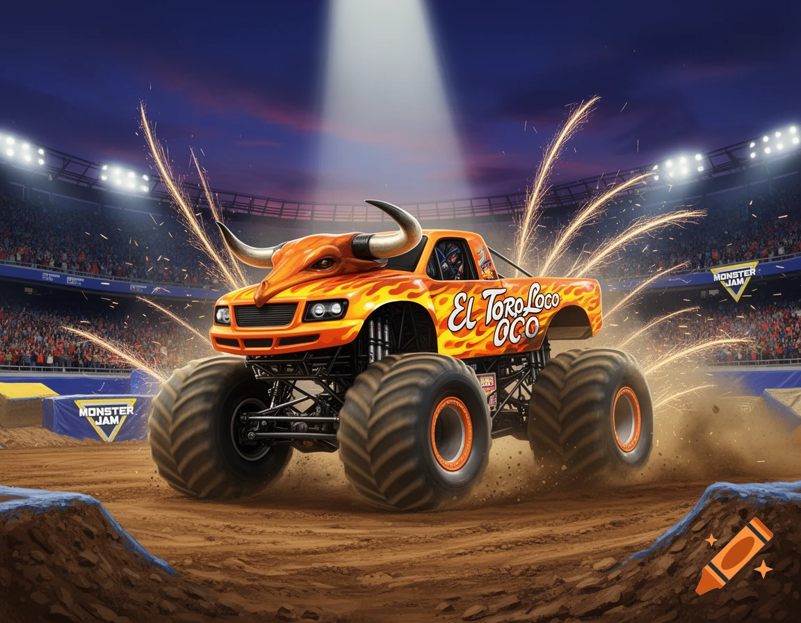 An orange monster truck with a bull-shaped front, flames, and "EL TORO LOCO OCO" text, kicks up dirt in a brightly lit stadium during a Monster Jam event, surrounded by sparks.
