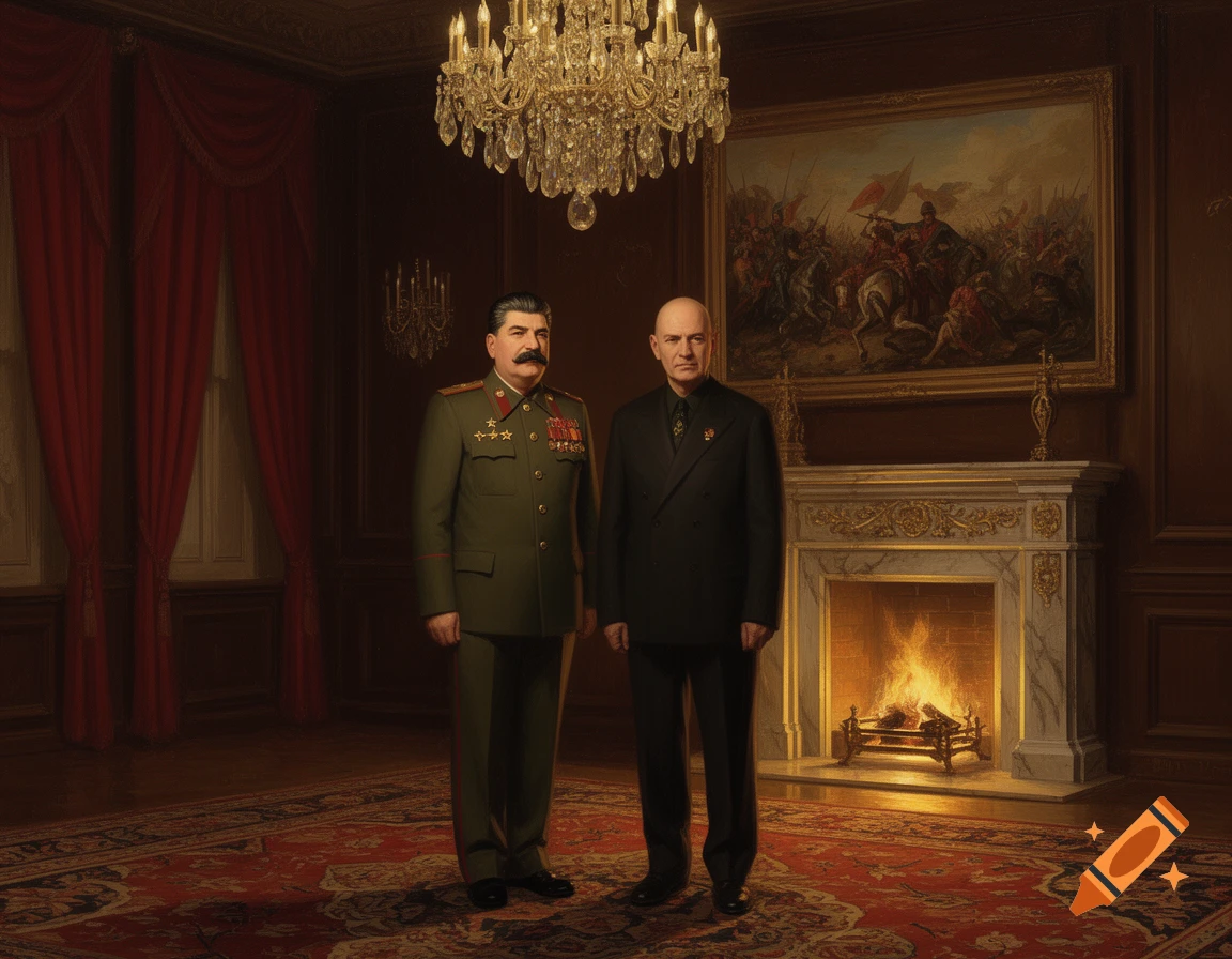 Joseph Stalin in military uniform and a bald man in a suit stand in a grand room with a chandelier and fireplace.