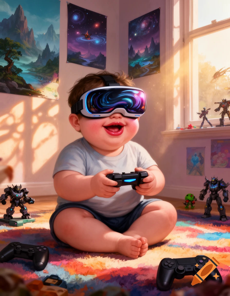 A chubby, smiling child wears a VR headset and holds a game controller, sitting on a colorful rug surrounded by toys and posters in a bright room.