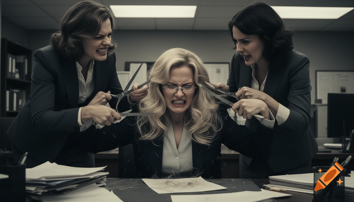 Two angry businesswomen using serrated shears to cut the hair of a distressed blonde colleague in a grainy office setting.