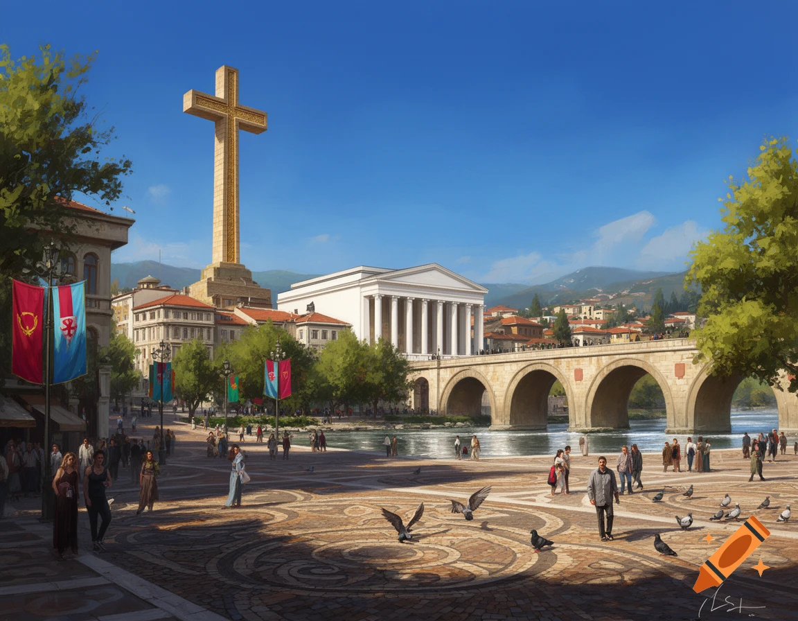 A bustling city square featuring a towering golden cross monument, a stone arch bridge over a river, and classical buildings under a blue sky. People and pigeons fill the square.