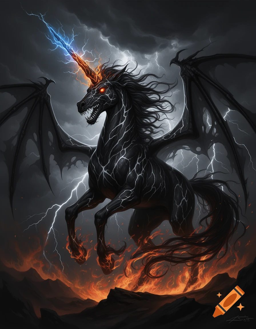 A dark fantasy unicorn with skeletal wings, glowing red eyes, and a ...