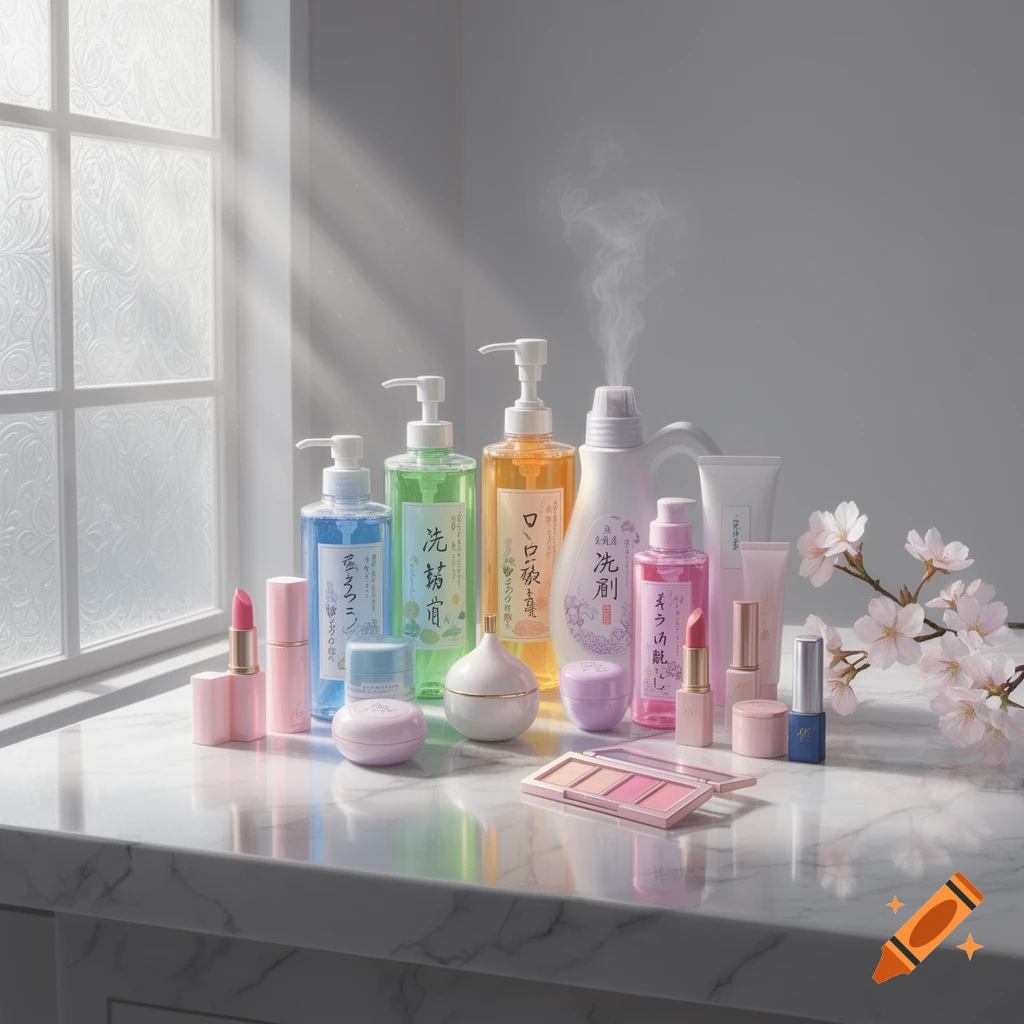 A collection of cosmetic and personal care products, including various bottles, jars, lipsticks, and a makeup palette, arranged on a marble counter bathed in sunlight.