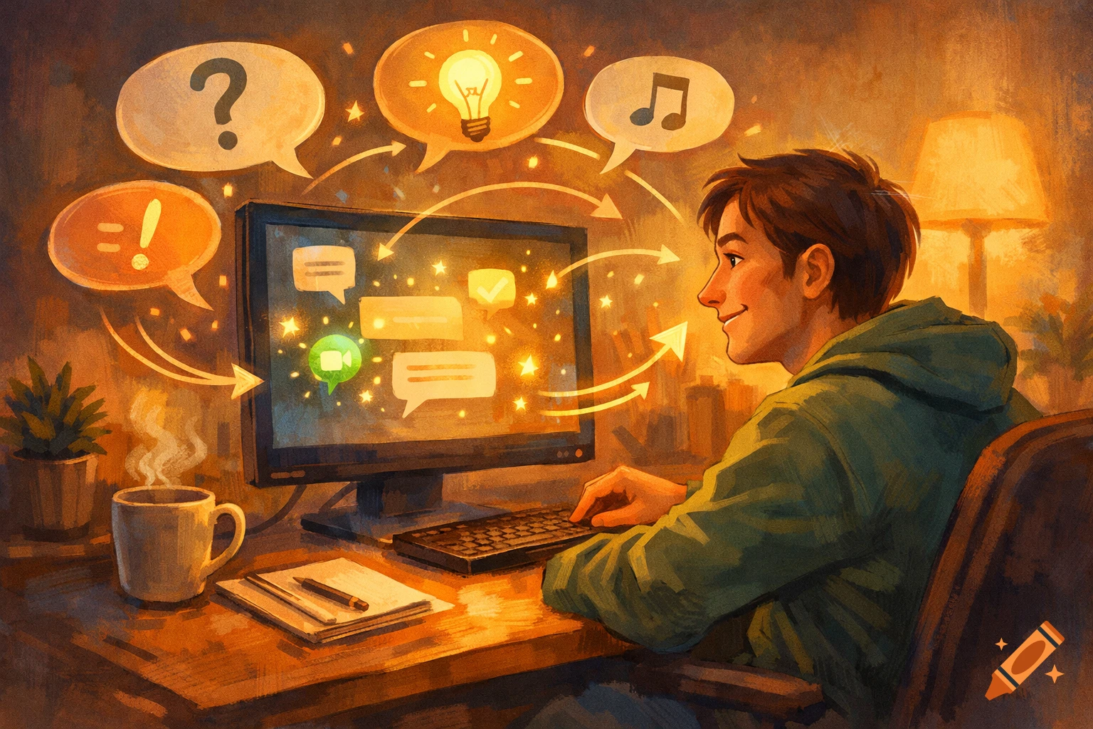 A young person sits at a desk, typing on a computer, surrounded by thought bubbles and icons, in a warm, painterly digital art style.