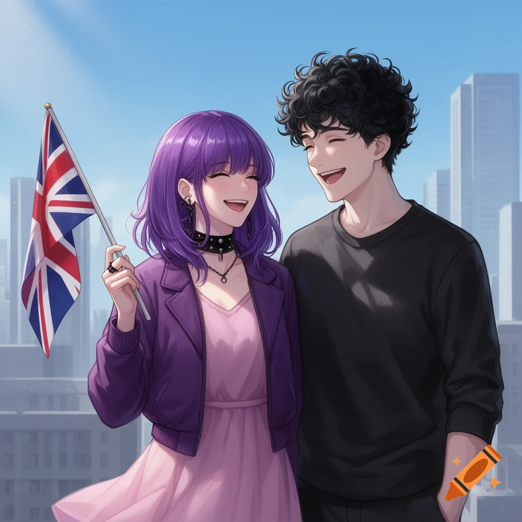 An anime woman with purple hair and a choker holds a Union Jack flag next to a man with curly black hair. Both are smiling broadly against a city background.