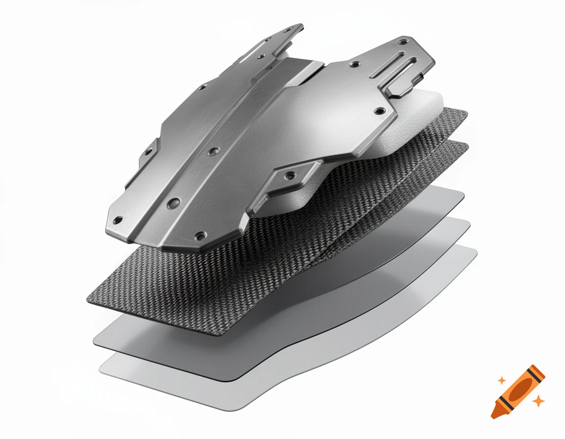 An exploded view of several protective layers including a grey metal plate, white foam, carbon fiber, and translucent sheets.