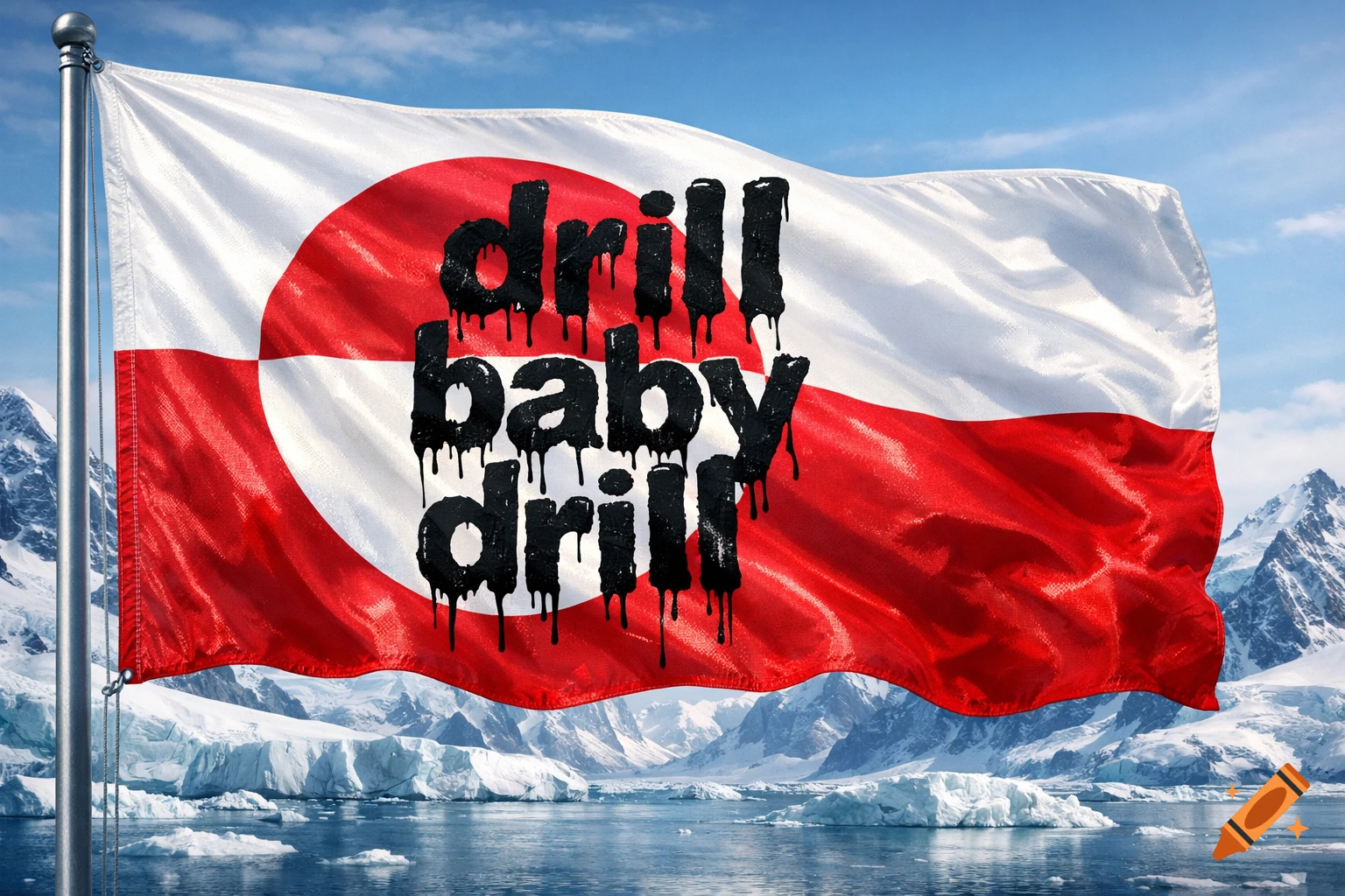 Greenlandic flag with 'drill baby drill' in dripping black letters, set against a polar landscape with icebergs.