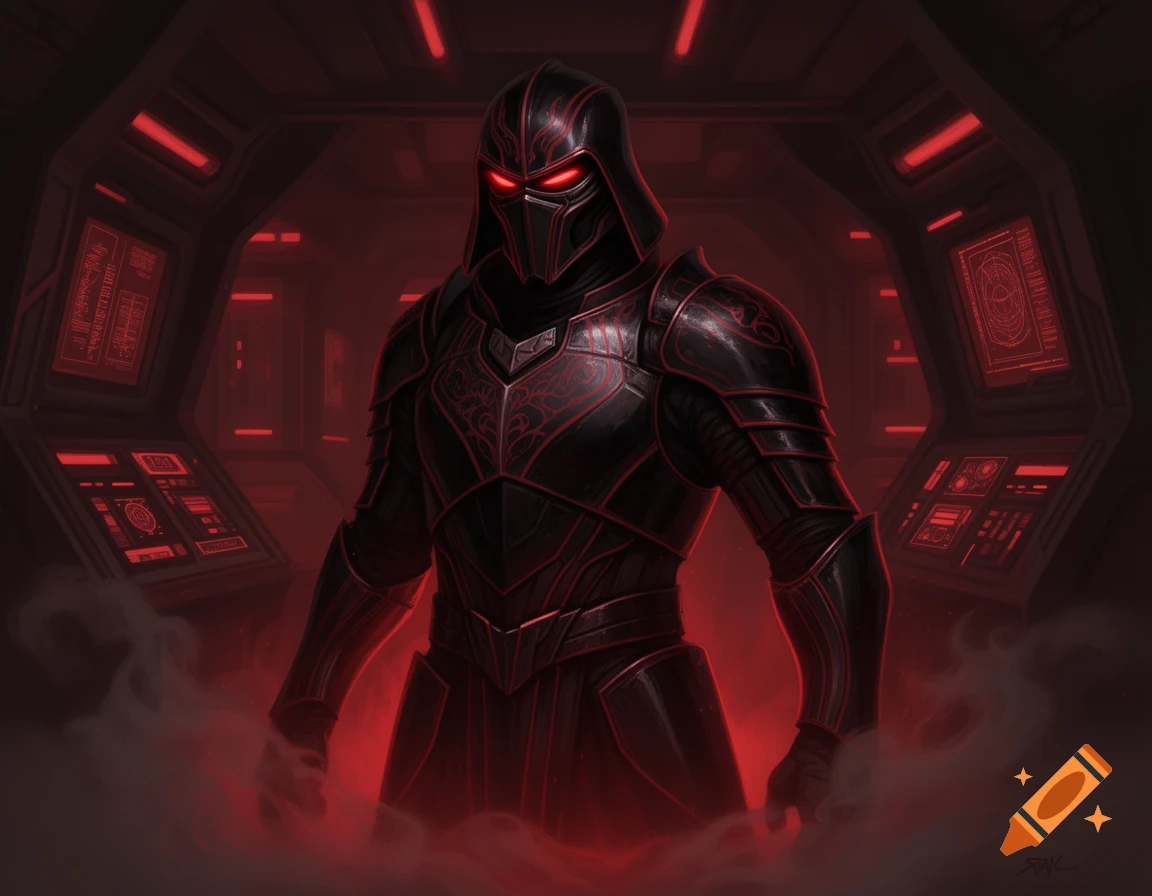 A menacing figure in black and red futuristic armor with glowing red ...
