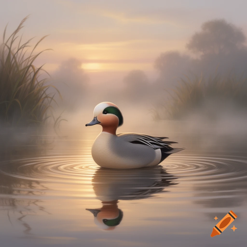 A beautiful duck with a white head and green stripe floats on calm water at sunrise, surrounded by mist and reeds.