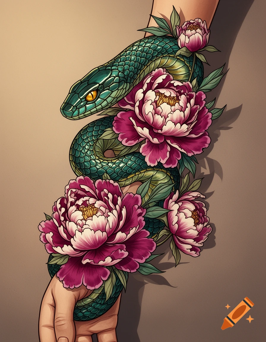 A neo-traditional style tattoo design featuring a green snake coiling around a human arm, surrounded by vibrant pink and white peonies.