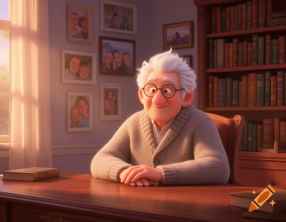 A Pixar-style elderly man with white hair and glasses smiles at a desk with framed family photos and a bookshelf in a warm, sunny room.