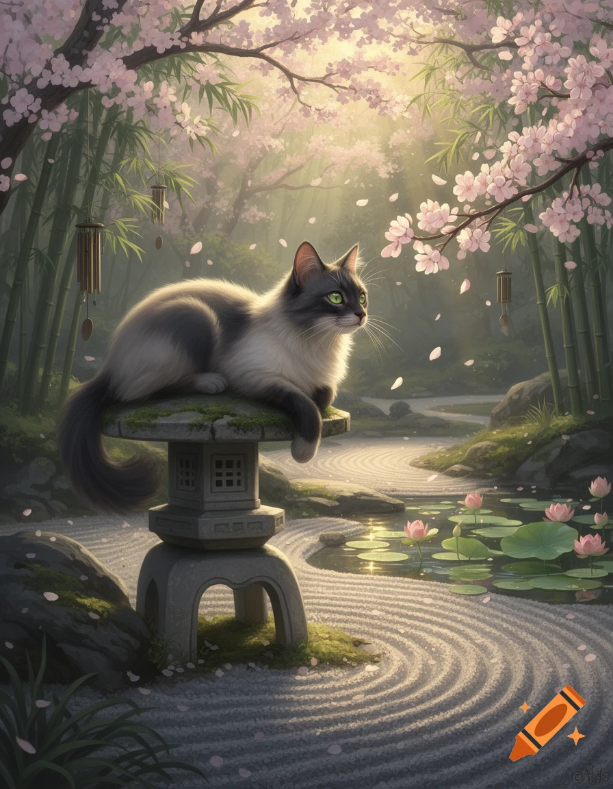 A grey and white cat with green eyes sits on a stone lantern in a serene Japanese garden with pink cherry blossoms and a pond.