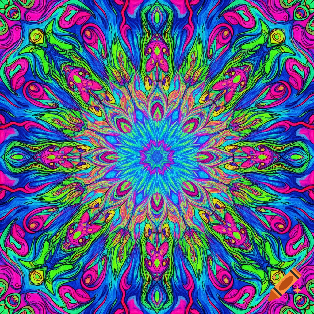 A vibrant, symmetrical psychedelic mandala art piece with intricate patterns in neon pink, blue, green, and yellow, resembling a comic or tribal style.