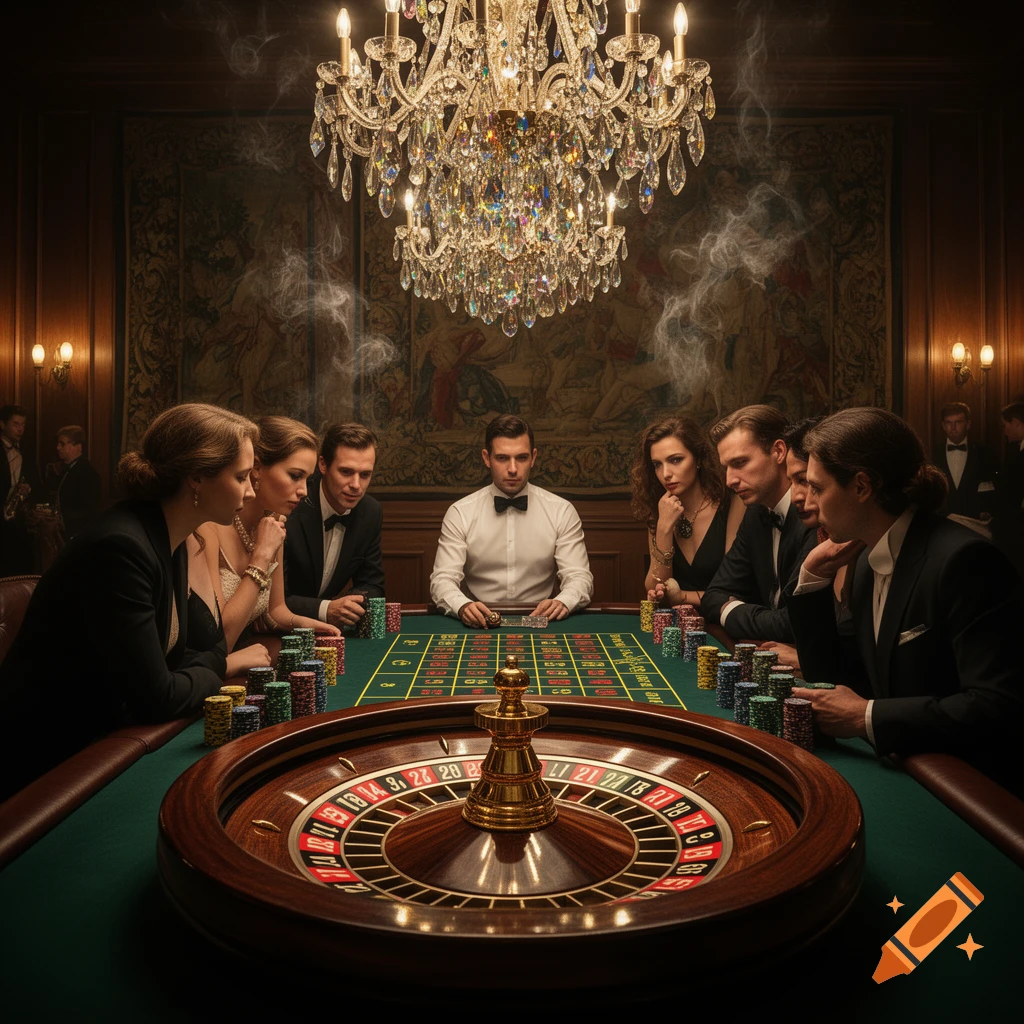 A group of elegantly dressed people gathered around a roulette table in a luxurious casino, with a grand chandelier overhead, in a photorealistic style.