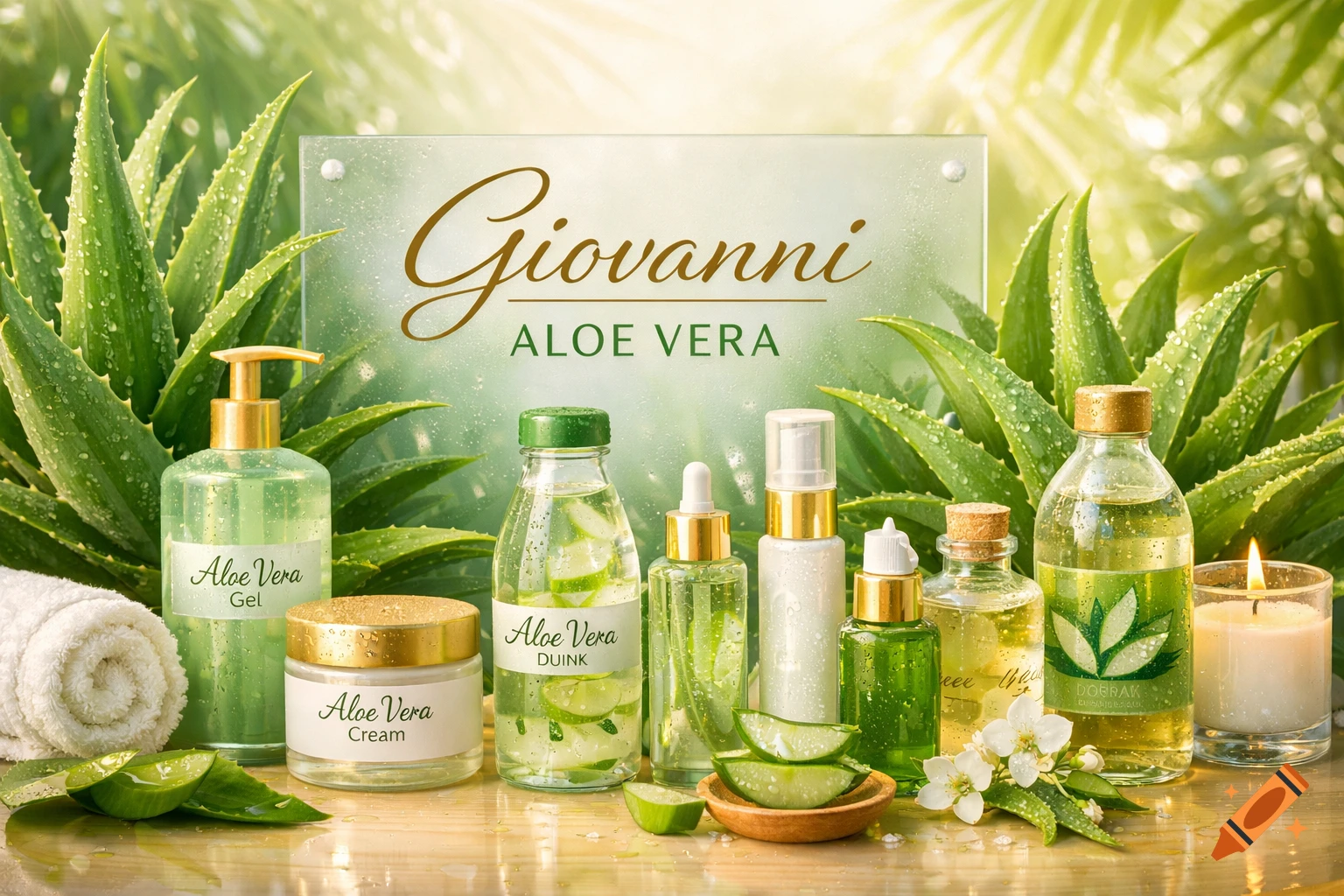 Photorealistic still life of Giovanni Aloe Vera products, including gels, creams, and drinks, with fresh aloe leaves and a lit candle.