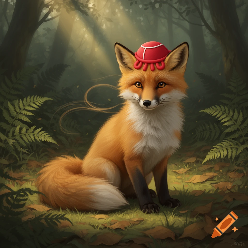 A cute red fox wearing a red mushroom-like hat sits in a sunlit forest ...
