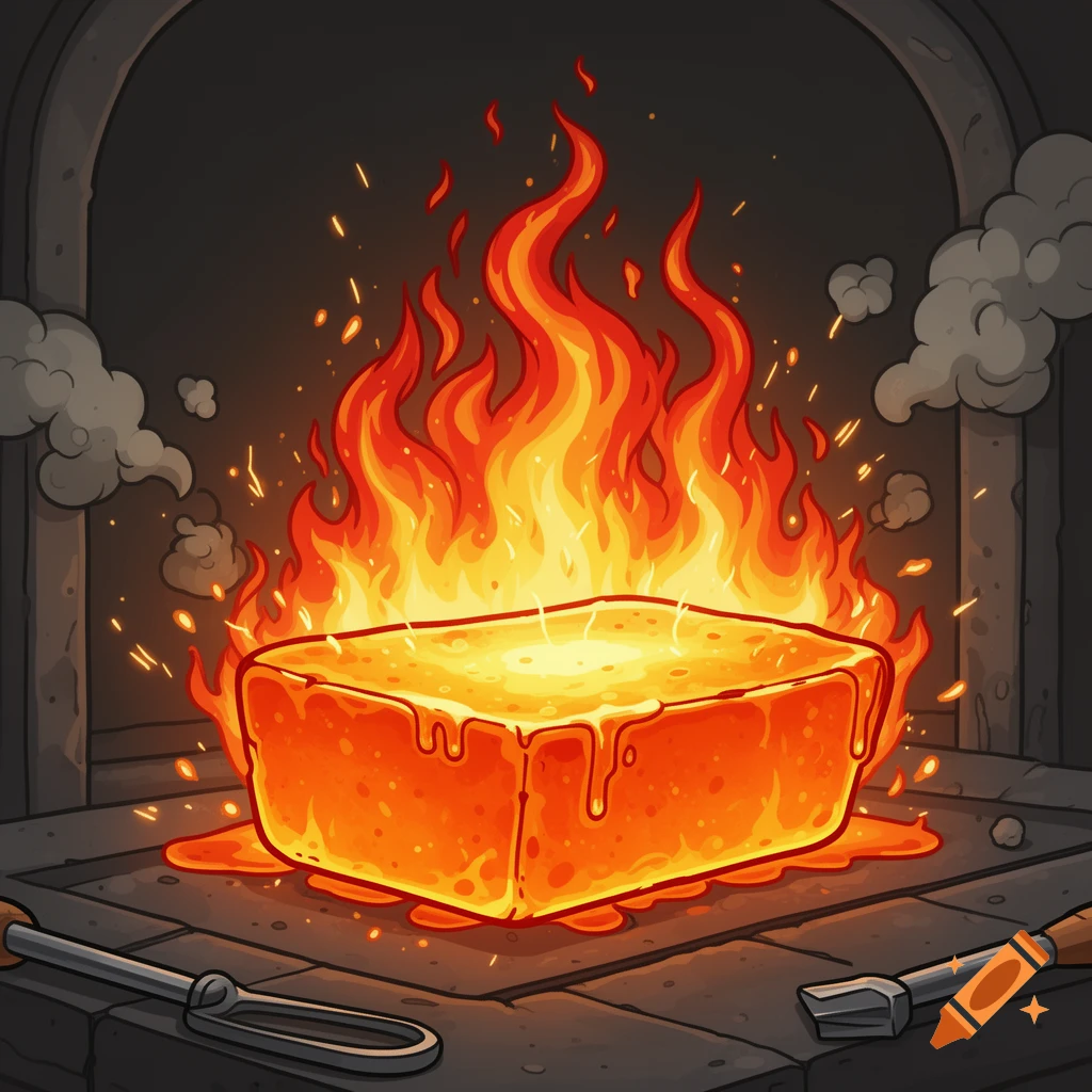 A cartoon-style orange-hot iron ingot with bright flames and sparks, sitting on a stone surface with metal tools in a dark furnace opening.