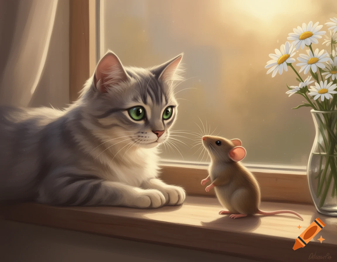 A gray tabby cat with green eyes looks at a small brown mouse on a sunlit windowsill next to a vase of daisies.