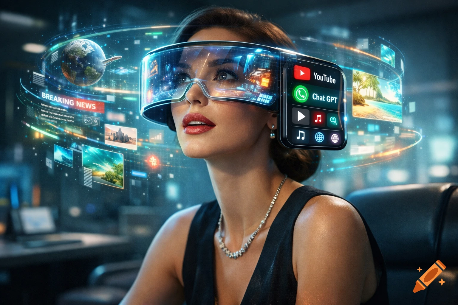 A woman wears futuristic AR glasses displaying virtual screens with apps like YouTube and Chat GPT, news, and images floating around her in a photorealistic style.
