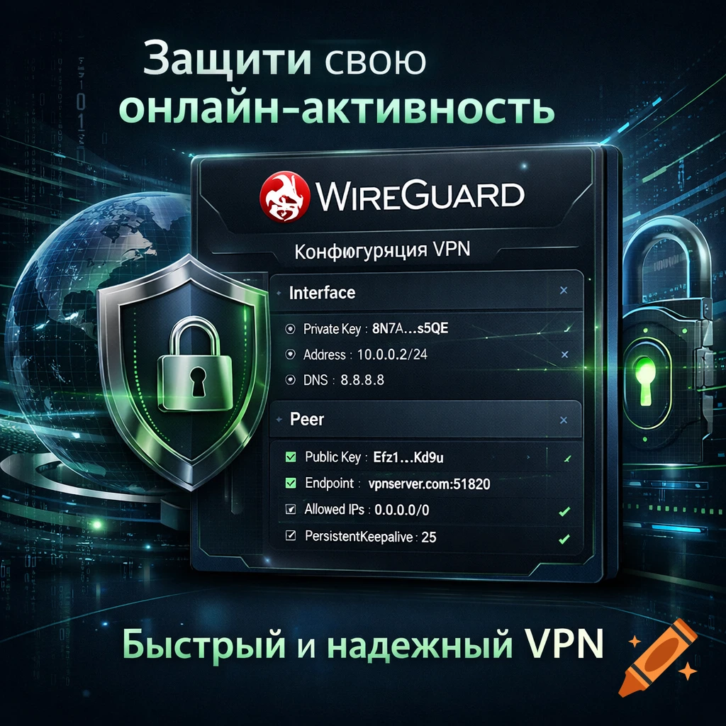 Digital illustration promoting WireGuard VPN, featuring a shield, a globe, and a detailed VPN configuration interface with Russian text for online activity protection.