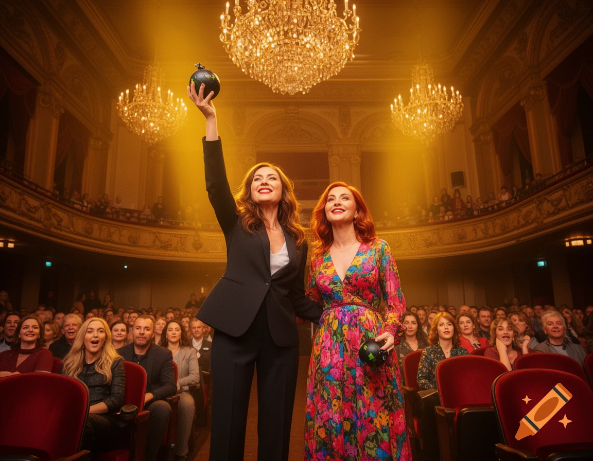 Two women, one holding a black spherical object high, stand on a stage in a grand theater filled with an audience.