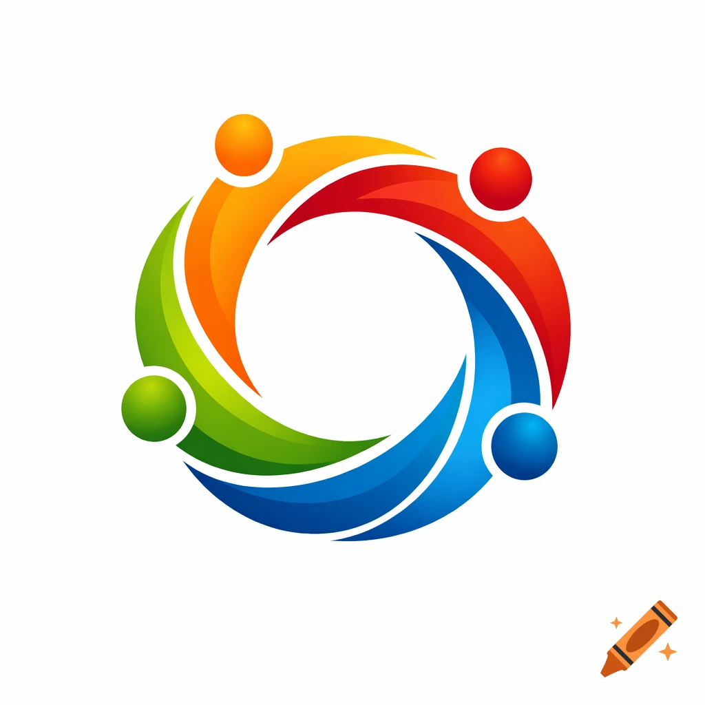 A colorful, abstract logo with four stylized orange, red, blue, and green figures intertwined in a circle.