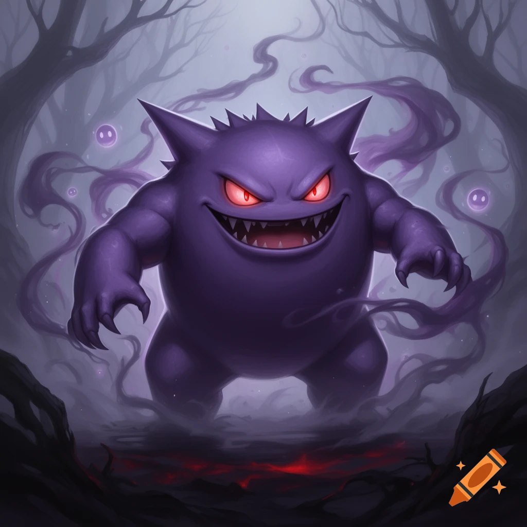 A large, menacing purple Gengar with glowing red eyes and a toothy grin ...