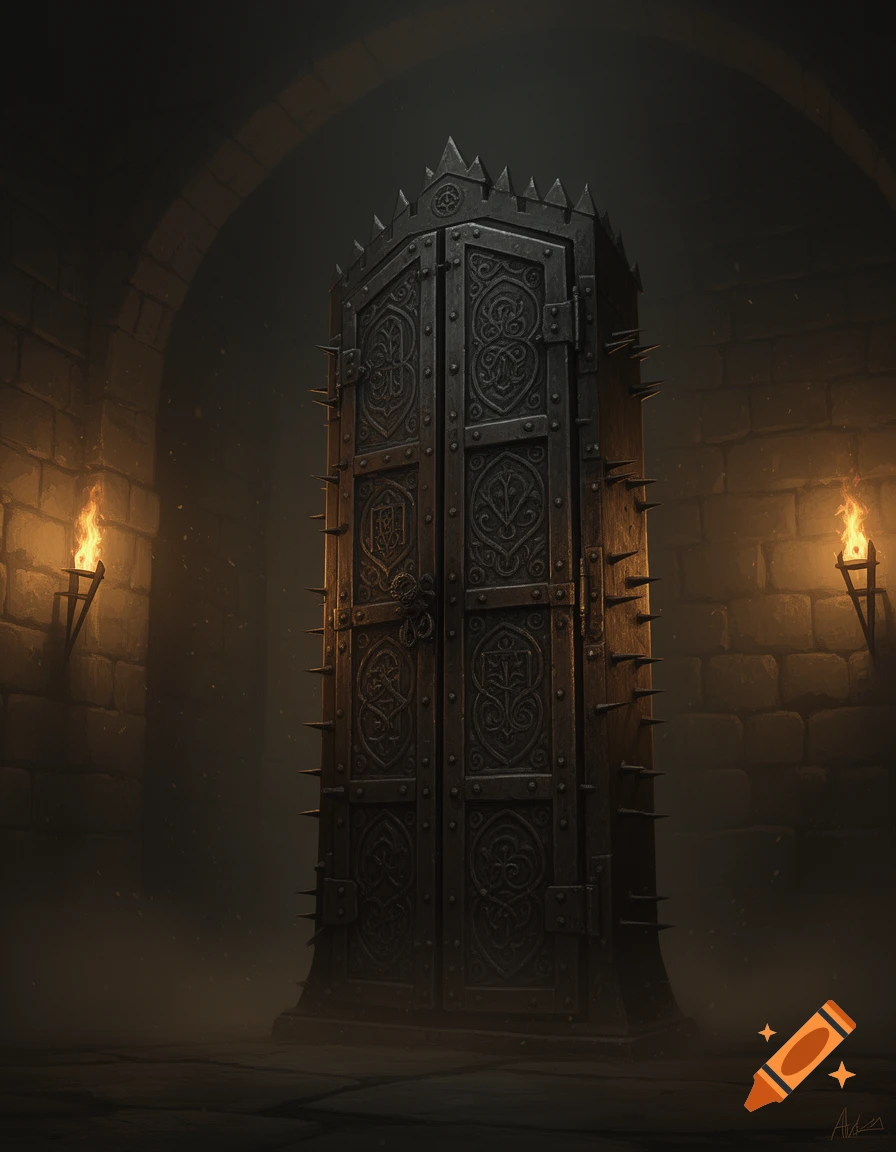 A dark, spiked iron maiden stands in a dimly lit stone dungeon, illuminated by torchlight.